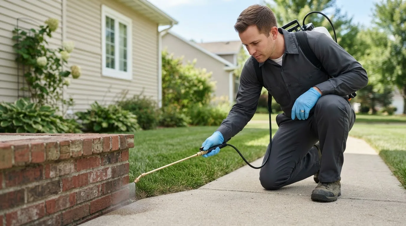 Pest control technician treating a home near Huntsville, AR