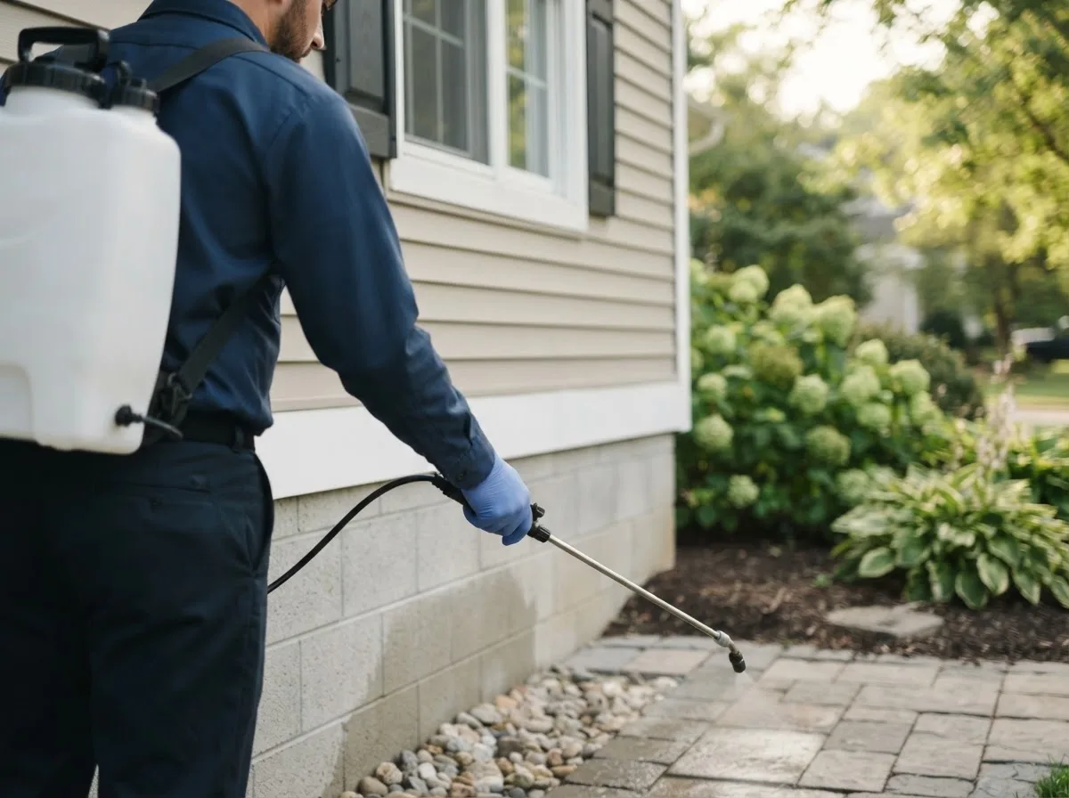 Pest control technician inspecting a home in Huntsville, AR